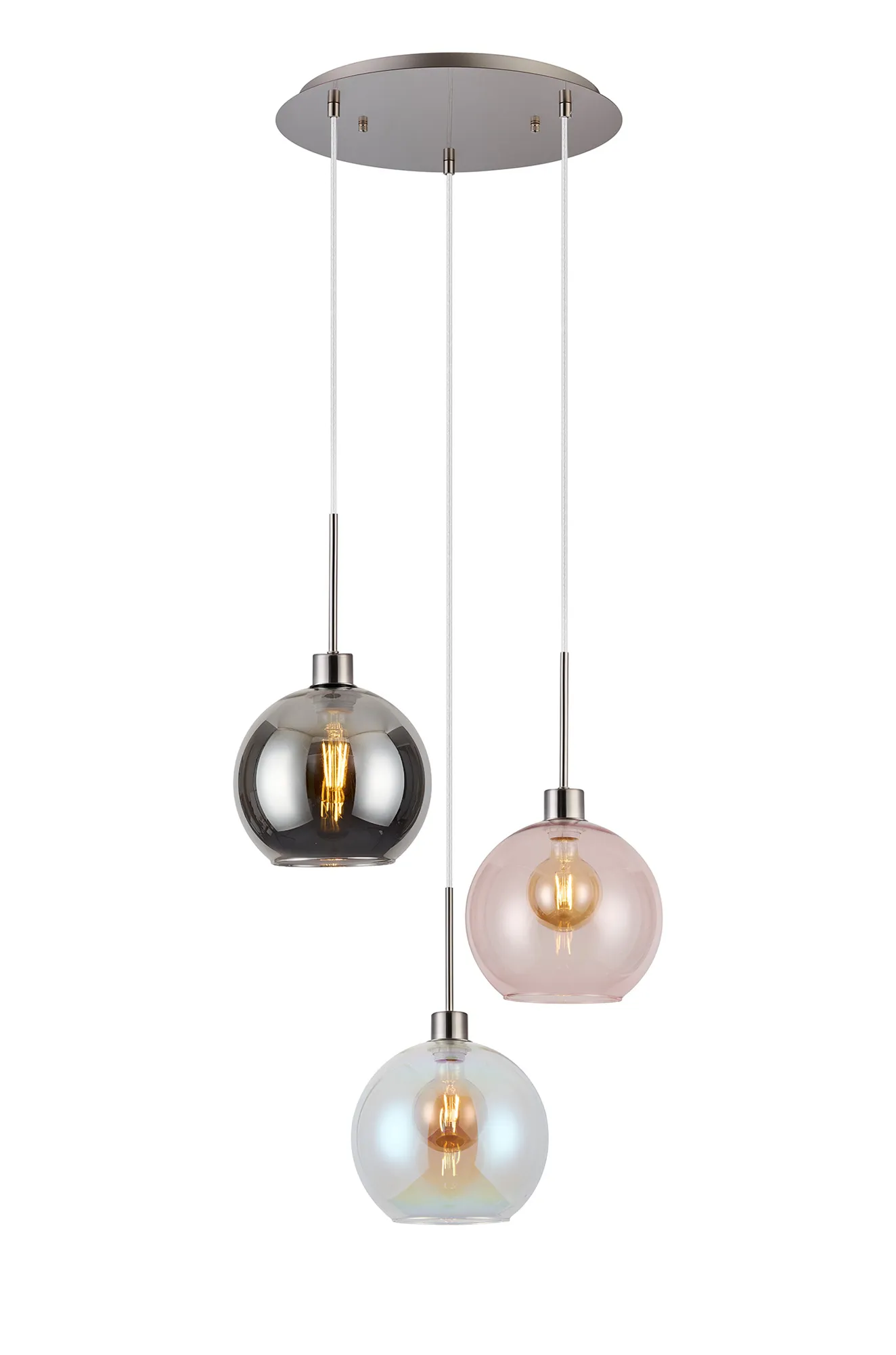 DK1375  Lori 40cm Round Pendant, 3 Light Adjustable E27, Satin Nickel/Iridescent/Pink/Smoke Open Mouth Round Globe Shades